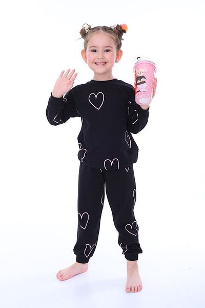 bunny hopp Set pijamale negre cu mânecă lungă pentru fetiță cu model de inimă - 100% bumbac (3-8 ANI)