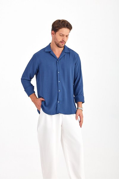 Gray Clothing Erkek Yazlık Terletmeyen Ütü Gerektirmeyen Salaş Oversize Uzun Kollu Gömlek Erkek Gömlek Lacivert