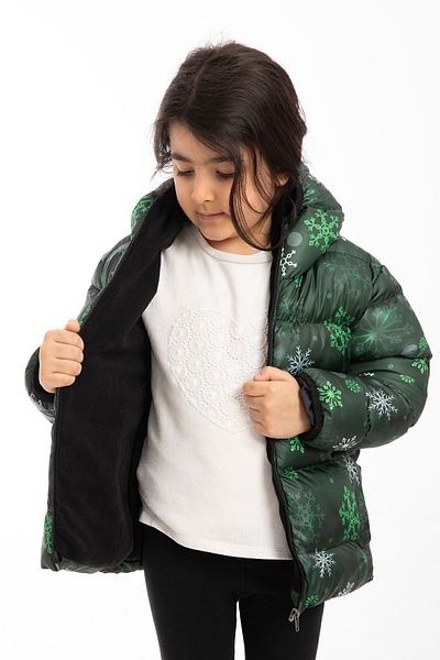 Montup Fata - Palton verde puf, fleece rezistent la apa si vant, cu gluga, buzunare