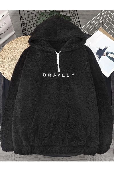 Mad&Calf Ανδρικό βελούδινο φούτερ με κέντημα Bravely με μισή τσέπη με φερμουάρ