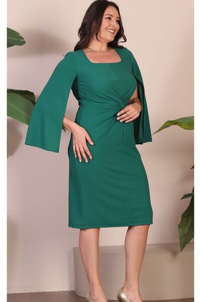 For Big Trend Women's Square Neck Front Gathered Knot Look Sleeve Open Slit Midi Flexible Woven Dress