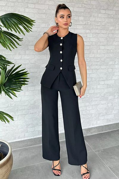 GÜLSELİ Black Vest and Trousers Double Set - Button Detailed