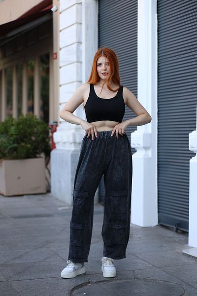 AYASOFYA OTANTIK Black Loose Cotton Knitwear Trousers - Women's Pocket Detailed
