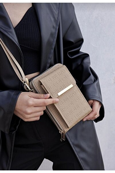 selma demir Bej Telefon Bölmeli Deri Askılı Kadın Cüzdan Çanta