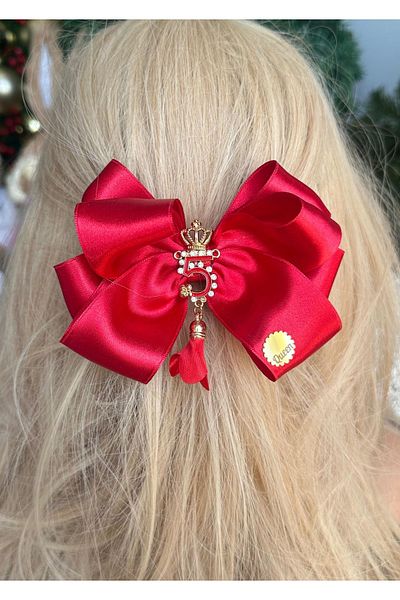 QUEEN AKSESUAR Luxury Design No5 - Red Stone Metal Brooch, Pendant Lamp with Satin Layer, Bow Detail, Automatic Clip Buckle