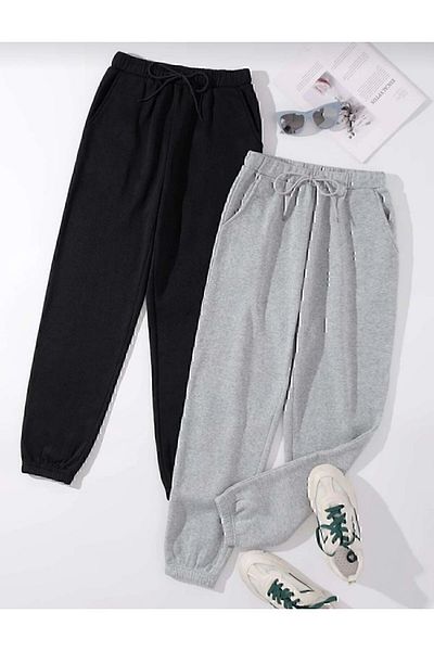 Verivay Διπλό Jogger Sweatpants-μαύρο και γκρι λαστιχένιο ψηλόμεσο παντελόνι