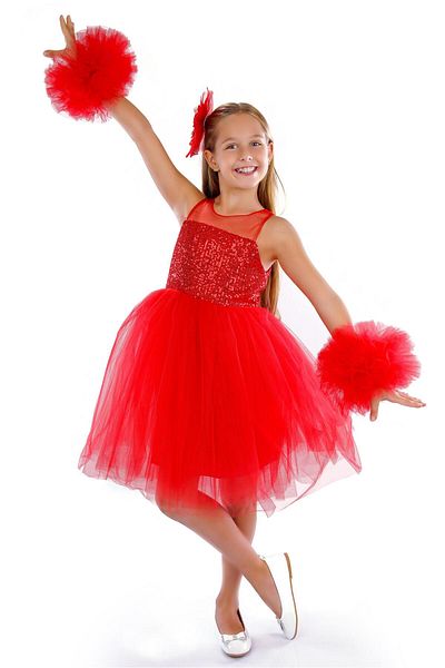 Buse&Eylül Bebe Girl's Birthday Party Dress - Red Pompom Sleeves