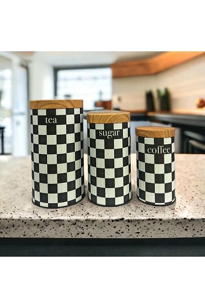 KMS Kumsar Bamboo Look Lid and 3-Piece Checkerboard Patterned Metal Jar Set