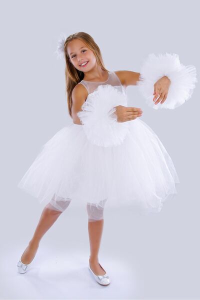 Buse&Eylül Bebe Φόρεμα για πάρτι γενεθλίων για κορίτσι - Λευκό μανίκι Pompom