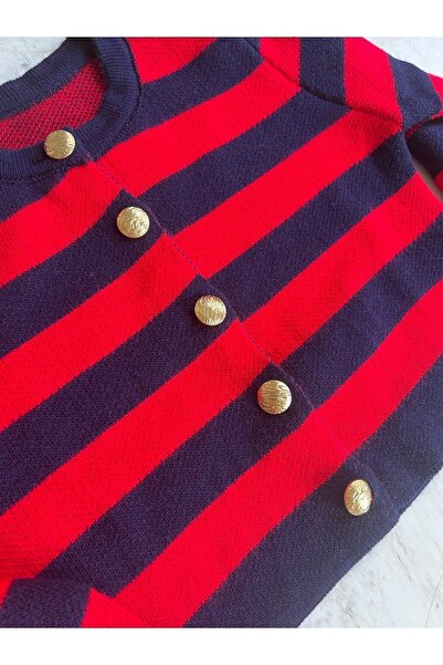 Bolesa Suadiye Red Navy Blue Striped Short Cardigan