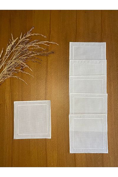 Smiling Home 6 Pieces Gardenia Linen Ecru Color Stylish Double Embroidery Embroidered Square Cocktail Presentation Napkin