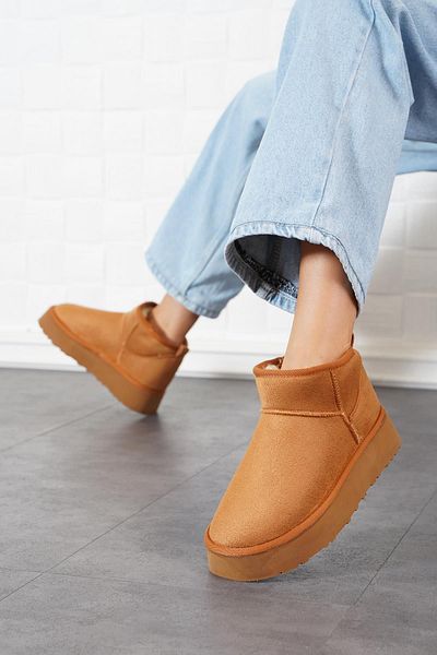 Moda Pie Tan Suede Γυναικείες Μπότες - Με Παχιά Σόλα και Εσωτερική Γούνα