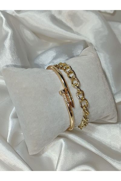 KCA HOME Steel Gold Colored Nail Cuff and Bracelet Chain Model Combination