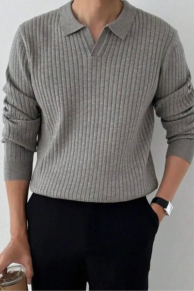 VİP LOKAL Men's Polo Neck Gray Slim Fit Ribbed Knitwear