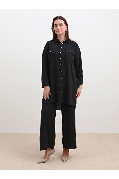 ALİA Large Size Black Aerobin Set - Pocket Detailed Tunic and Trousers Double