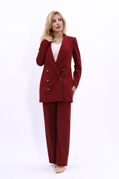 ÖNDER ÖZSOY Claret Red Long Blazer Jacket and Wide Leg Trousers Set