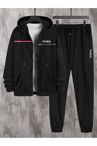 MODARİCH Paris Cardigan - Black Printed Jogger Tracksuit Set Zippered Hoodie