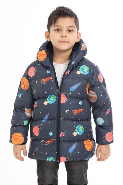 Outriverkids Boy's Fleece Hooded Planet Star Patterned Winter Puffer Jacket & Coat & Parka