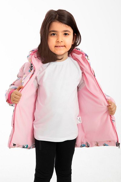 Montup Fată - Palton puf cu glugă din lână cu model pinguin