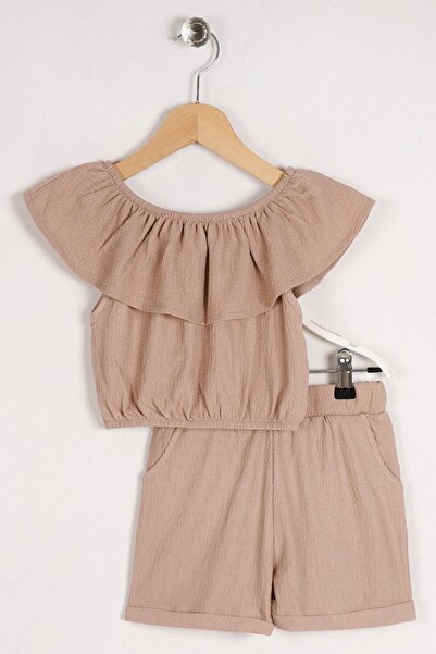 zepkids Boat Neck Shoulder Detailed Ruffle Sleeve Elastic Waist Pocket Detailed Beige Color Girl's Sorted Set