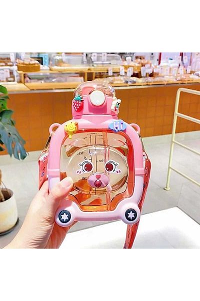 AsyaHome Pink Motivational Teddy Bear Water Bottle Children's Water Bottle 1000 ml Sticker