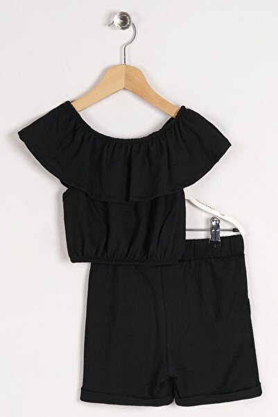 zepkids Boat Neck Shoulder Detailed Ruffle Sleeve Black Color Girl's Suit with Elastic Waist and Pocket Detail