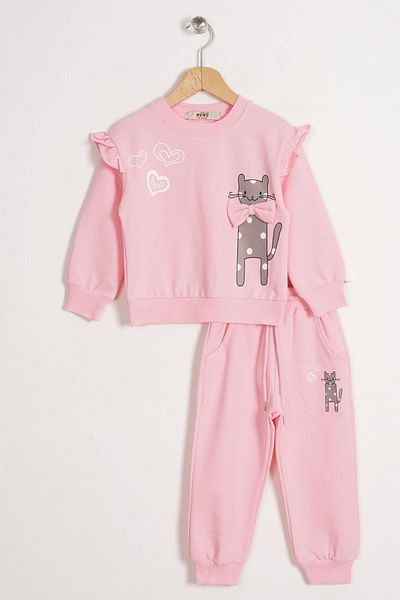 zepkids Crew Neck Long Sleeve Cat Printed Light Pink Color Girl's Tracksuit Set