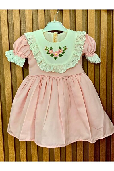 minikiti Kız Çocuk Bebek Fistolu Çiçek Nakışlı Astarlı Vintage Şık Bayram Doğumgünü Özel Gün Pembe Elbise