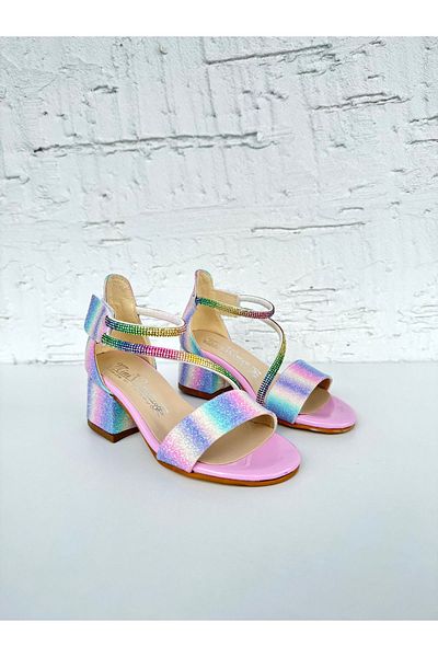 NS Little Stoned and Velcro Ankle Colorful Heeled Girls' Evening Dress Shoes