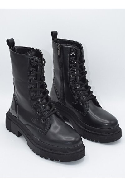 Yula Fashion Shoes Norwıch  Kadın Siyah Deri Bağcıklı Fermuarlı Postal