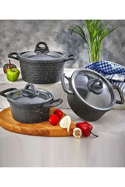 TRENDBULL Eda 3-Piece Mini Cast Iron Granite Pot Set 14-16-18 Cm