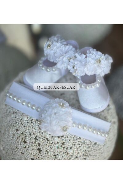 QUEEN AKSESUAR Newborn Luxury Design Baby and Park Set - Pearl Stoned Flower Pattern, Headband and Bandana