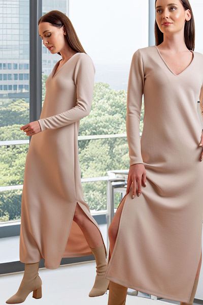 Laranor V-Neck Beige Camisole Dress - Slit Detail
