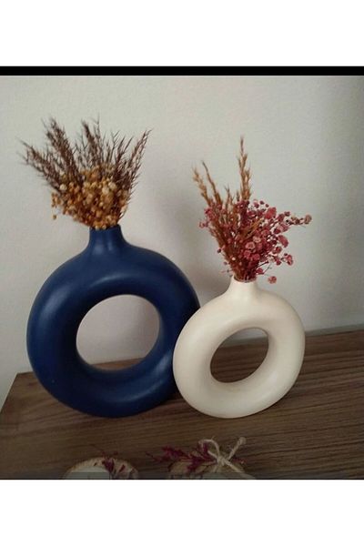 BLANJ Dark Blue-Cream Decorative 2-Piece Ring Vase