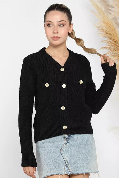GÜLSELİ Women's Shaç Knit Patterned Black Knitwear Cardigan