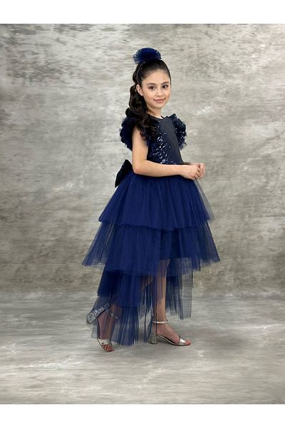 defada rochie de seara copil bleumarin cu coada paiete paiete