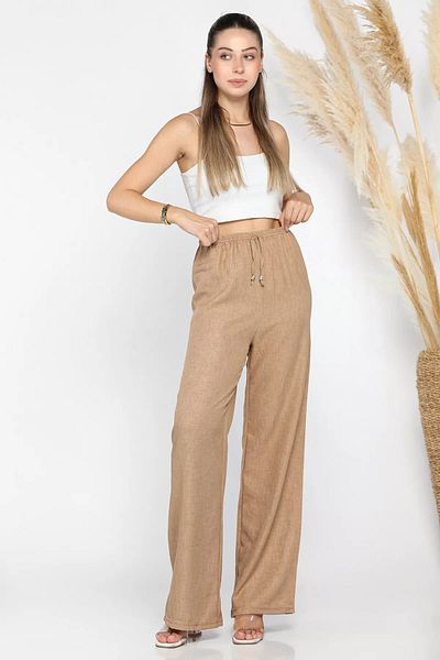 GÜLSELİ Γυναικείο παντελόνι Camel με φαρδύ πόδι ελαστική μέση