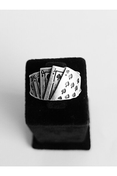 Antique Dolunay Antik Gümüş Kaplama El Yapımı Ayarlanabilir ( A K Q J 10 ) Iskambil Oyun Kağıdı Briç Şekilli Yüzük