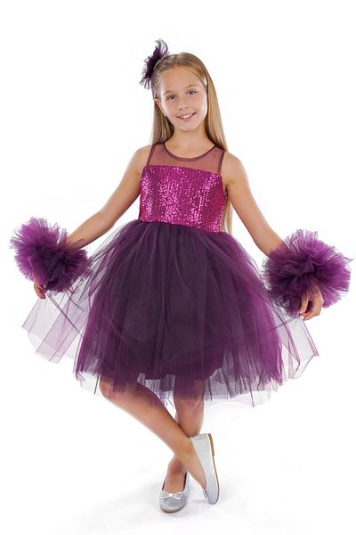 Buse&Eylül Bebe Girl's Purple Pompom Sleeve Birthday Party Dress