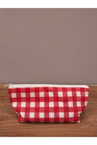 Elbasan Tekstil Red Gingham Washable Zippered Single Eye Cloth Pen Holder Makeup Bag