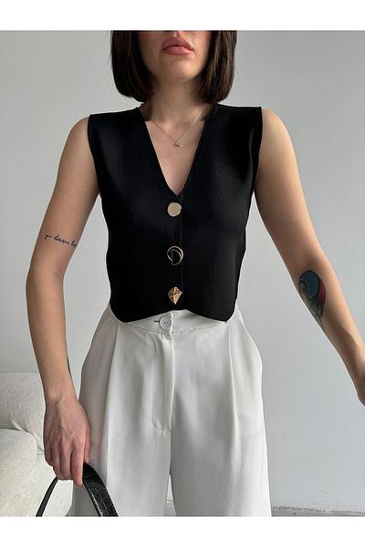 Lusin Women's Black V-Neck Stylish Button Detailed Summer Fabric Knitwear Vest