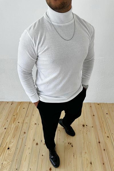 VİP LOKAL Βαμβακερό Πλεκτό Λευκό Πουλόβερ με λαιμόκοψη