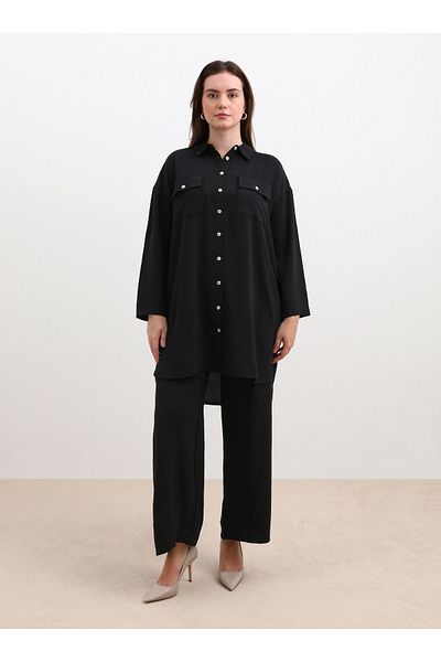 ALİA Large Size Black Aerobin Set - Pocket Detailed Tunic and Trousers Double
