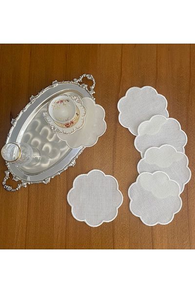 Smiling Home Linen Linen Ecru Color Cloud Patterned 6 Pieces Cocktail Presentation Napkins Suitable for Etamine Processing