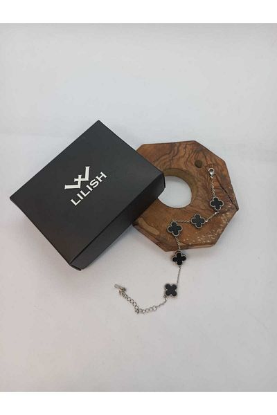 lilish collection سوار فان كليف من الفولاذ الأسود - موديل البرسيم المقاوم للصدأ
