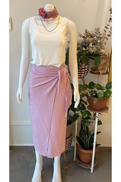 Butik Kadın, Anvelop Bağlamalı, Yüksek Bel, Keten Midi Etek