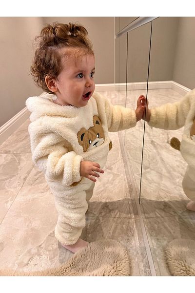 BT Baby Winter Teddy Bear Patterned Welsoft Luxury Baby Set with Plush Pocket Hood