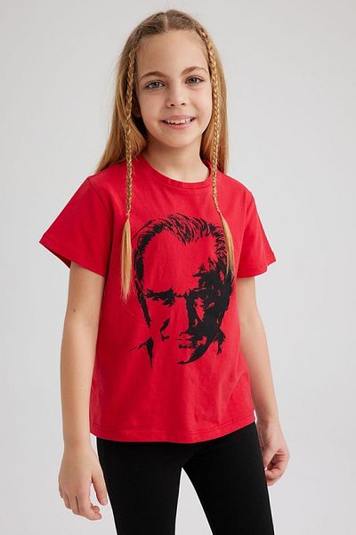 DeFacto Girl's Crew Neck Ataturk Printed Short Sleeve Red T-Shirt Z5093A623Sm
