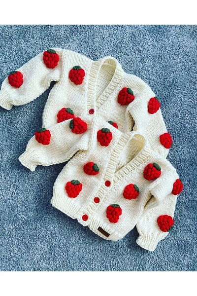 NEVALİN Strawberry Detailed Hand Knitted Girl's Cardigan