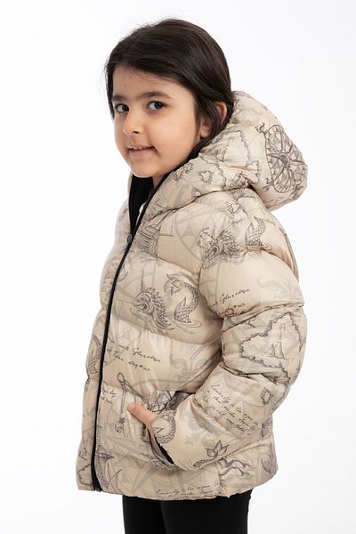 Montup Palton puf bej pentru fete - imprimeu fleece, impermeabil si rezistent la vant, gluga, cu buzunare